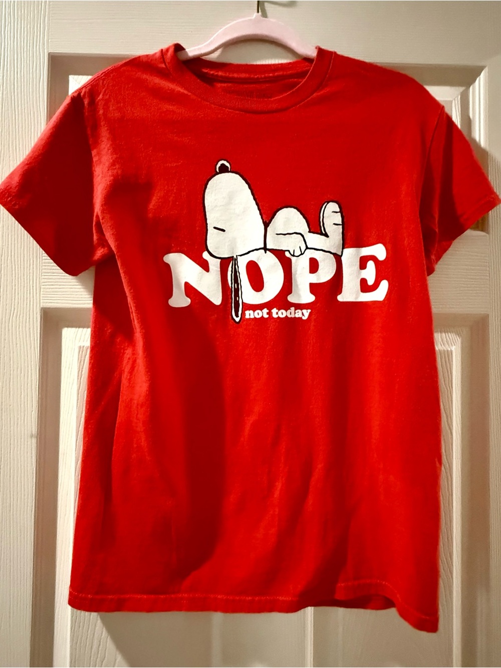 Peanuts Red Tee with White Snoopy 'NOPE' Graphic